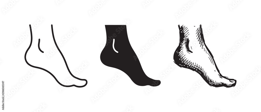 Obraz premium Three human foot icons, featuring outline, solid black, and hand-drawn sketch styles for anatomical representation.