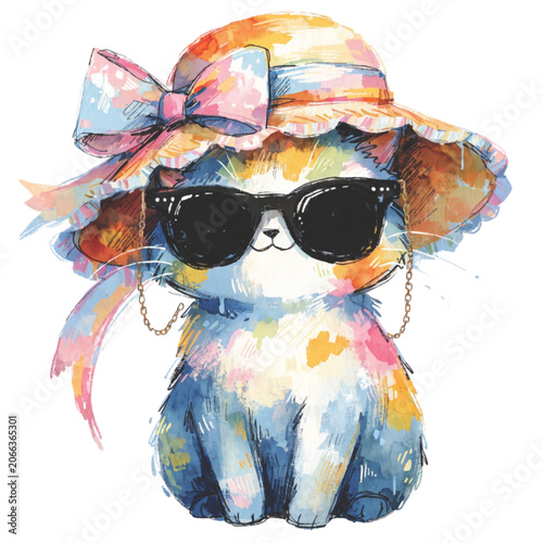 kawaii cat with tiny paws wearing a summer beach hat and black sunglasses vector background 
