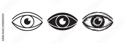Φωτογραφία Set of three eye icons in outline, filled black, and hand-drawn sketch styles, symbolizing perception and awareness