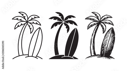 Photos Set of three tropical palm tree and surfboard icons in outline, solid, and hand-drawn sketch styles