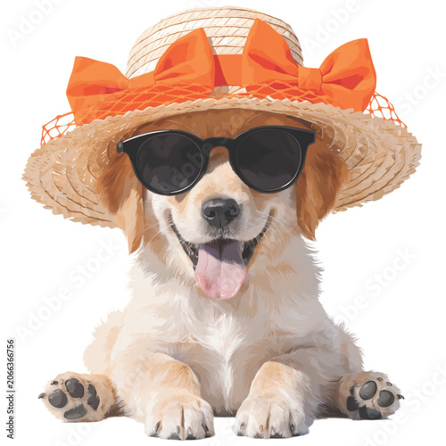 Cute fluffy puppy wearing a straw beach hat and black sunglasses vector background 