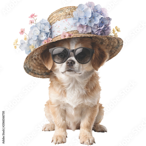 Cute fluffy puppy wearing a straw beach hat and black sunglasses vector background 