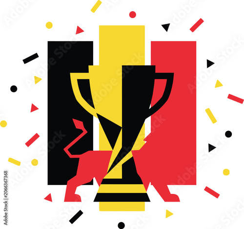 Lion silhouette stands next to a championship trophy against a background of vertical color stripes.