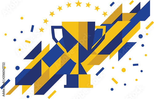 Championship trophy is depicted with geometric shards and golden stars in an abstract sports illustration.