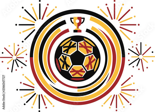 Soccer ball is framed by circular rings and stylized fireworks in this vibrant sports graphic design.