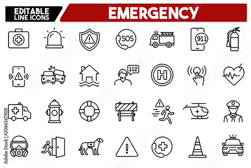 Schilderij op canvas Emergency Icon Ambulance Police Lifebuoy Crisis Urgency Caution Rescue Set Helic