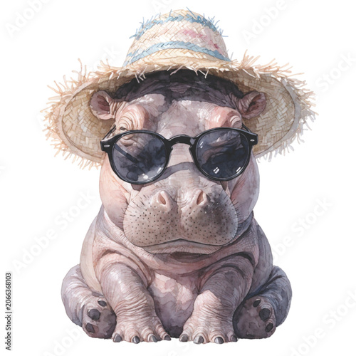 cute baby hippopotamus wearing a straw beach hat vector background