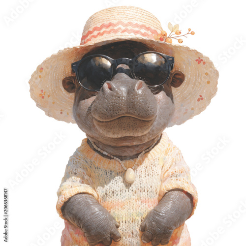 cute baby hippopotamus wearing a straw beach hat vector background