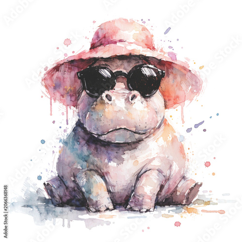 cute baby hippopotamus wearing a straw beach hat vector background