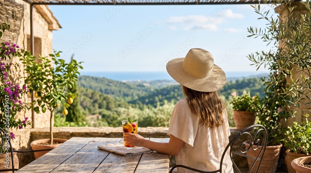 Fototapeta premium Woman enjoying refreshing drink on rustic terrace overlooking scenic Mediterranean landscape, peaceful vacation moment with lemon trees and olive groves under sunny sky