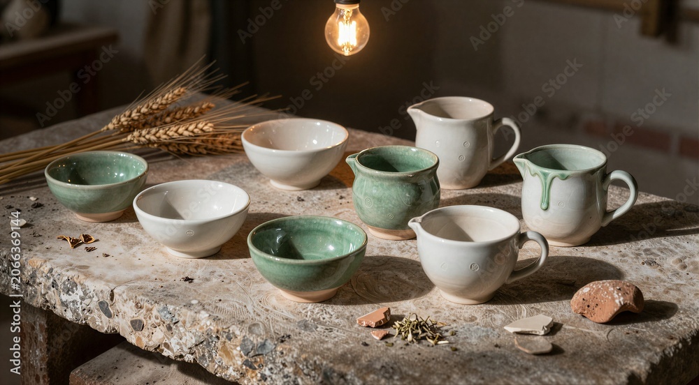 Fototapeta premium Ceramic bowls and pitchers arranged on rustic stone workbench