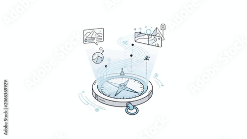 a compass with a blue glow and icons around it.