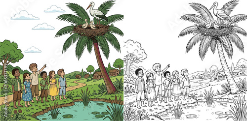 Billede på lærred Villagers Gathering Near Coconut Tree in Rural Countryside Landscape, Traditional Village Community Life in a Tropical Agricultural Setting, colouring book for kids
