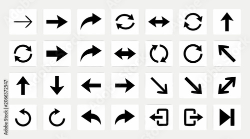 Konstfotografi Arrows Icons Set with Black Vector Curved and Straight Symbols on White Squares