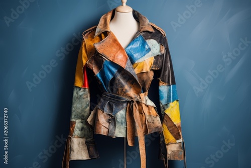 Patchwork leather jacket displayed on a mannequin, representing recycled and upcycled clothing concepts