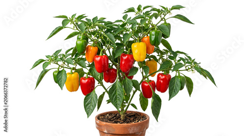 Fotografia Potted bell pepper plant with colorful ripe vegetables, organic home gardening c