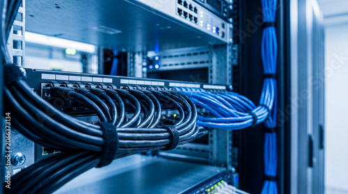 Tableau sur toile Server rack with many blue ethernet cables connected