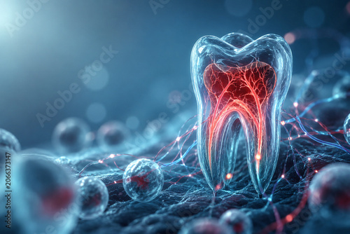 AI generated transparent tooth illuminated nerve vascular pathways highlighting dental anatomy oral health research biomedical science diagnosis