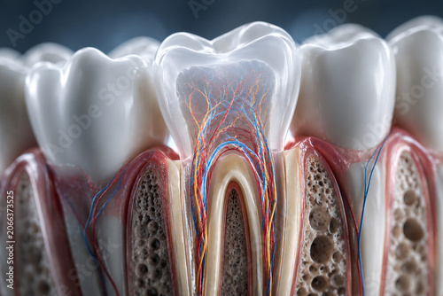 AI generated detailed tooth cross section revealing nerves blood vessels internal anatomy for dental education oral health research medical visualization