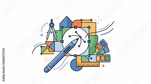 A colorful illustration of various drawing tools and geometric shapes