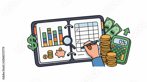 A colorful illustration of a hand with a pen checking a grid next to a calculator, coins, and a notebook with graphs