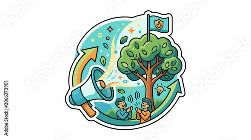 A colorful cartoon illustration of two people celebrating next to a tree with a megaphone