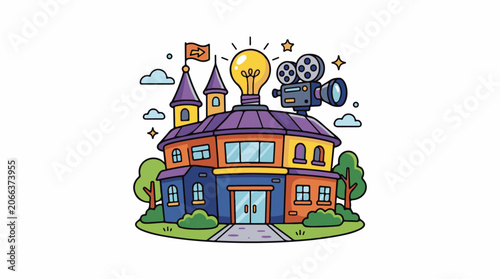 A colorful cartoon house with a purple roof and a lightbulb