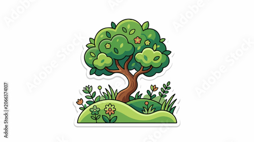 A cartoon tree with green leaves and flowers on a grassy hill