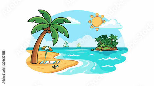 A cartoon illustration of a beach scene