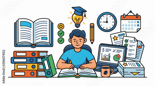 A cartoon man studies surrounded by books, laptop, and stationery