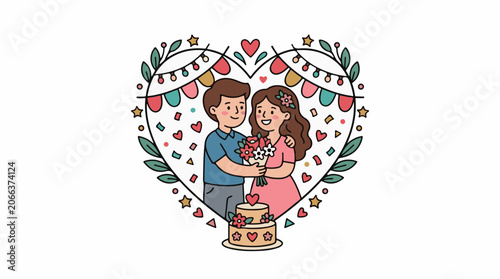 A cartoon illustration of a man and woman in a heart-shaped frame with a cake