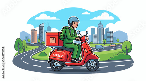 A cartoon delivery person rides a red scooter on a city road