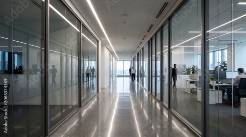 Modern corporate office corridor with glass walls, reflective floor and employees walking in workplace