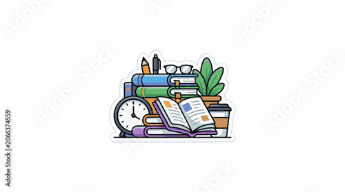 Colorful illustration of stacked books, clock, plant, and stationery on a white background