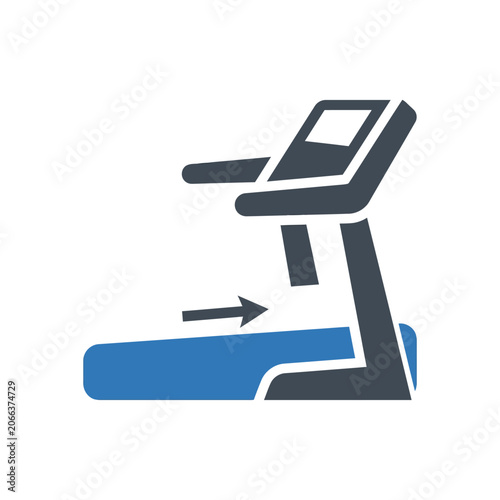 Graphic illustration of a treadmill with a blue running belt and dark gray frame against a white background.