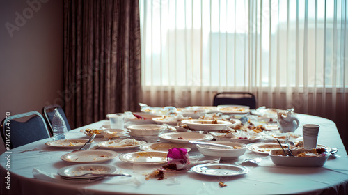 satiety. Banquet table covered with empty plates and leftover food, scattered utensils in muted light. menu design, packaging mockups, designed for food delivery and cloud-kitchen brand materials.

