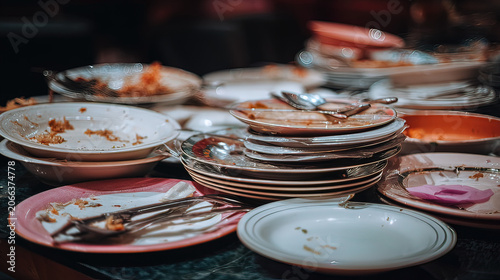 satiety. Banquet table covered with empty plates and leftover food, scattered utensils in muted light. menu design, packaging mockups, designed for food delivery and cloud-kitchen brand materials.
