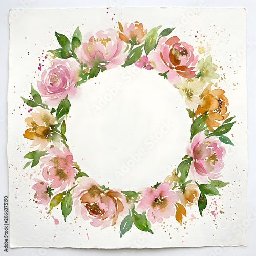 Elegant Pink Floral Wreath With Watercolor Garden Roses, by generative AI technology