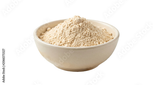 White ceramic bowl filled with fine organic flour heap ingredient culinary prepared isolated