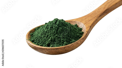 Healthy green spirulina algae powder in a wooden spoon with spirulina superfood supplement