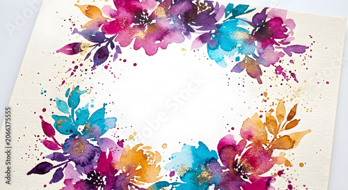 Color Splash Floral Frame With Bright Watercolor Blossoms, by generative AI technology