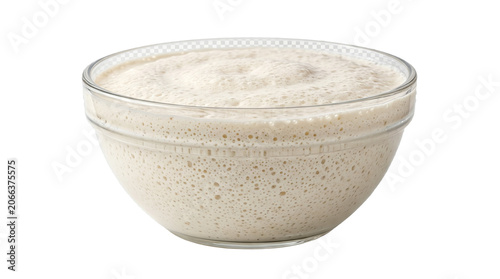 Glass bowl of creamy yogurt or sourdough starter with white background food photography sourdough