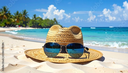Straw hat with aviator sunglasses resting on sandy beach, turquoise ocean waves and palm trees in background, bright blue sky with scattered clouds, tropical vacation scene evoking leisure and relaxat