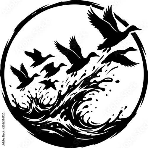 single black duck taking off icon, water splash silhouette