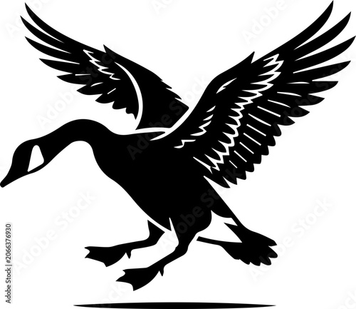 single black goose landing icon, wings down silhouette