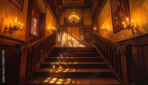 Grand staircase in ornate mansion interior, polished wood steps with carved railings, chandelier and candles casting warm golden glow, sunlight streaming through windows, luxurious historical atmosphe