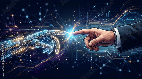 Robotic hand touching human finger with futuristic digital spark connection