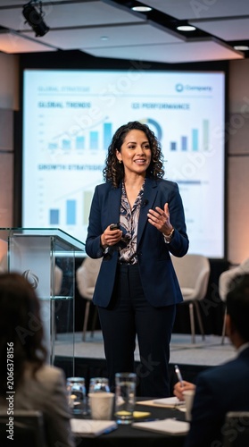 Confident Female Tech Leader Presenting Data Charts at Business Seminar