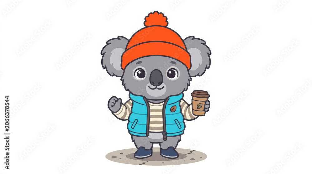 Obraz premium Cute cartoon koala wearing a beanie and vest holding a coffee cup isolated on white background