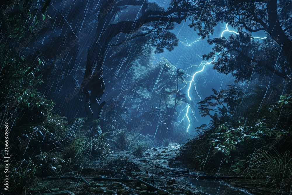 Obraz premium Lightning illuminates a path through a lush rainforest during a heavy nighttime rainstorm, creating a dramatic and powerful scene
